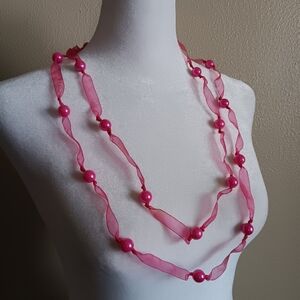 Girly Princess Pink Ribbon & Bead Necklace, Long Wrap, Delicate Costume Jewerly